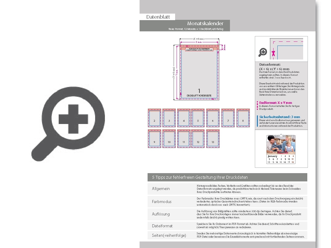 Product Bild monatskalender_13_blatt_(12_monate_+_deckblatt)__einseitig_bedruckt_4_0_farbig__eigene_gr____e_(freies_format)